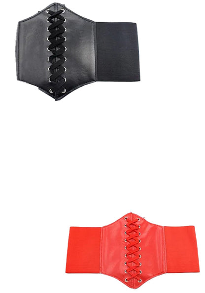 Two women's leather corset belts, one black and one red, featuring lace-up detailing for a stylish fit