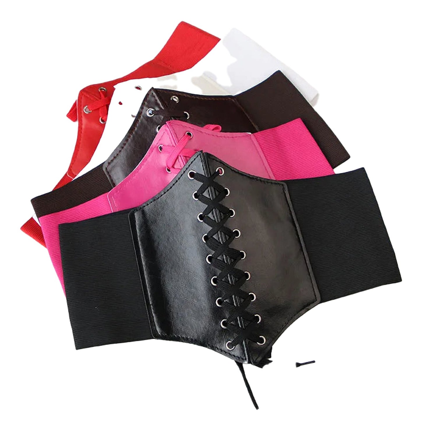 Women's leather corset belt in various colors for stylish and supportive waist shaping