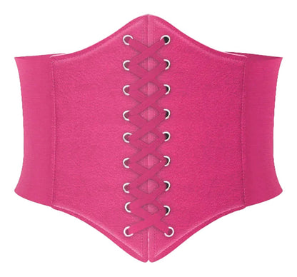 LuckeLadybug women's leather corset belt in vibrant pink with decorative lace-up design