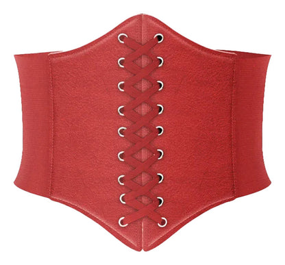 Red women's leather corset belt with lace-up front for a stylish and flattering look