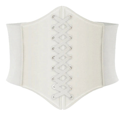 LuckeLadybug women's leather corset belt in white with front lace-up detail for a stylish look