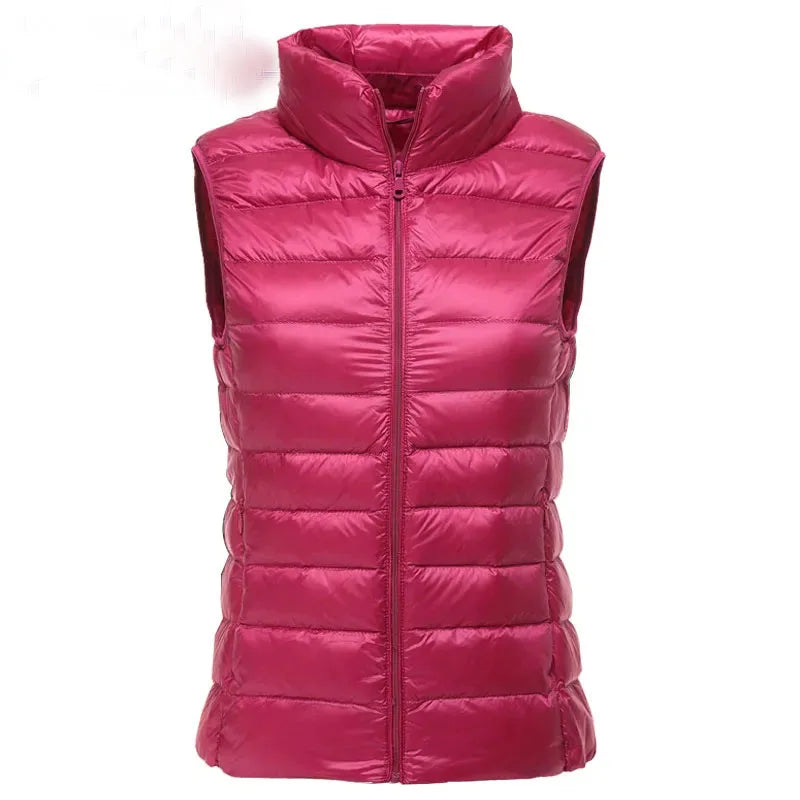 LuckeLadybug women's lightweight down vest in vibrant pink with a stylish design