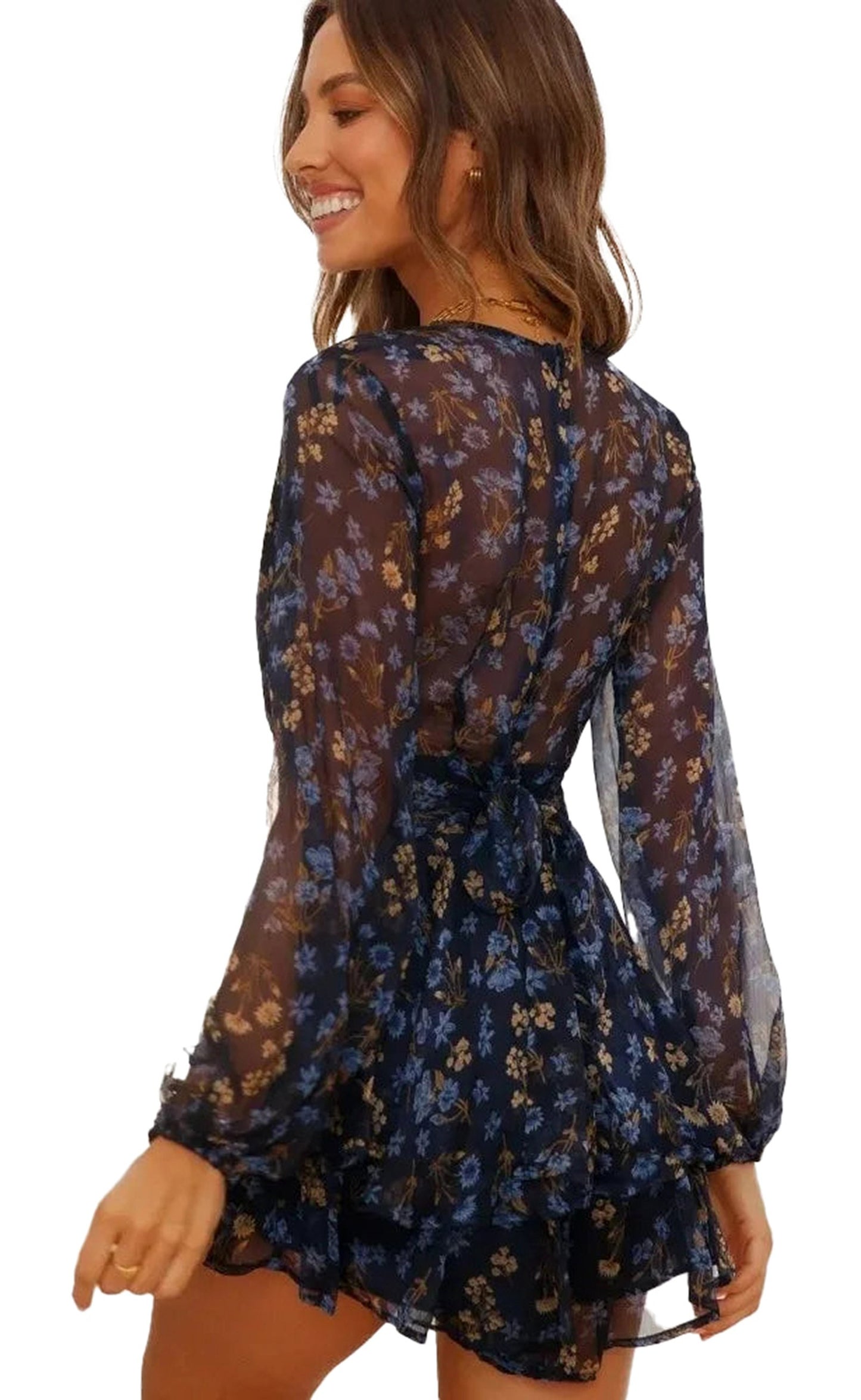 LuckeLadybug women's long sleeve floral mini dress in navy with ruffled hem and floral pattern