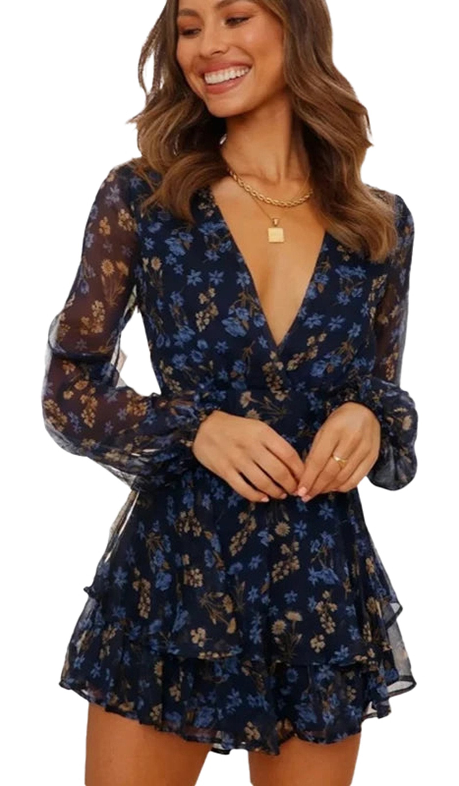 Women's long sleeve floral mini dress with ruffled hem and a deep V neckline from LuckeLadybug LLC