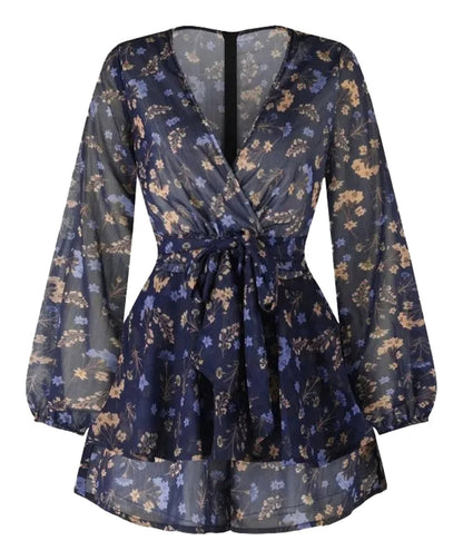 LuckeLadybug LLC women's long sleeve floral mini dress with a wrap design and tie waist detail