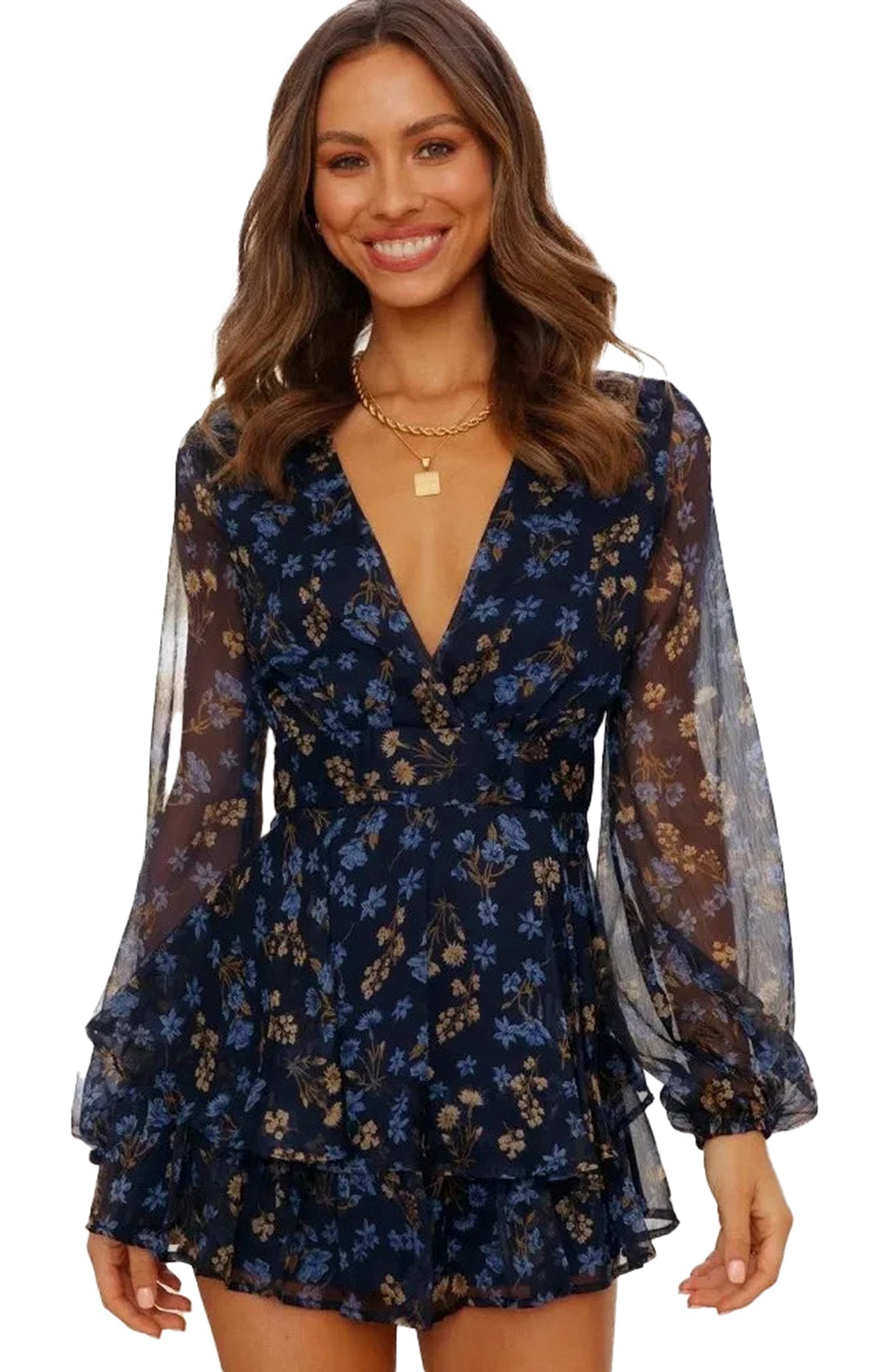 Elegant women's long sleeve floral mini dress with a deep v-neck and ruffled layers