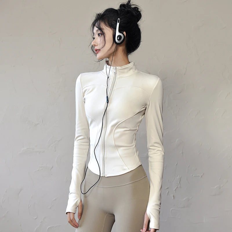 LuckeLadybug women's long sleeve sports jacket in cream color with a sleek design and high collar