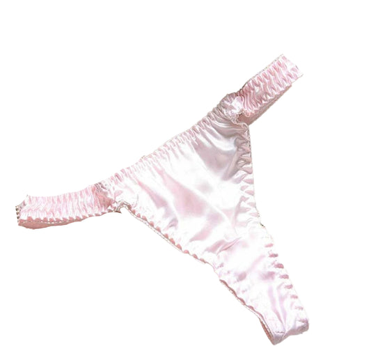 LuckeLadybug LLC women's low waisted thongs in soft pink satin for comfortable everyday wear