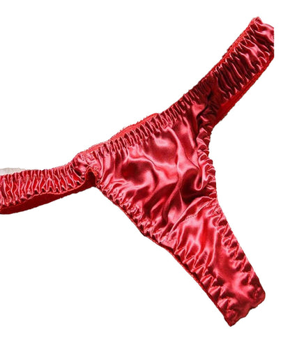 Satin red women's low waisted thongs with ruched details for a stylish and comfortable fit