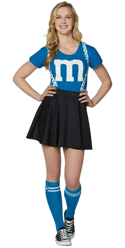 LuckeLadybug women's M&M costume dress featuring a blue top with logo, black skirt, and suspenders