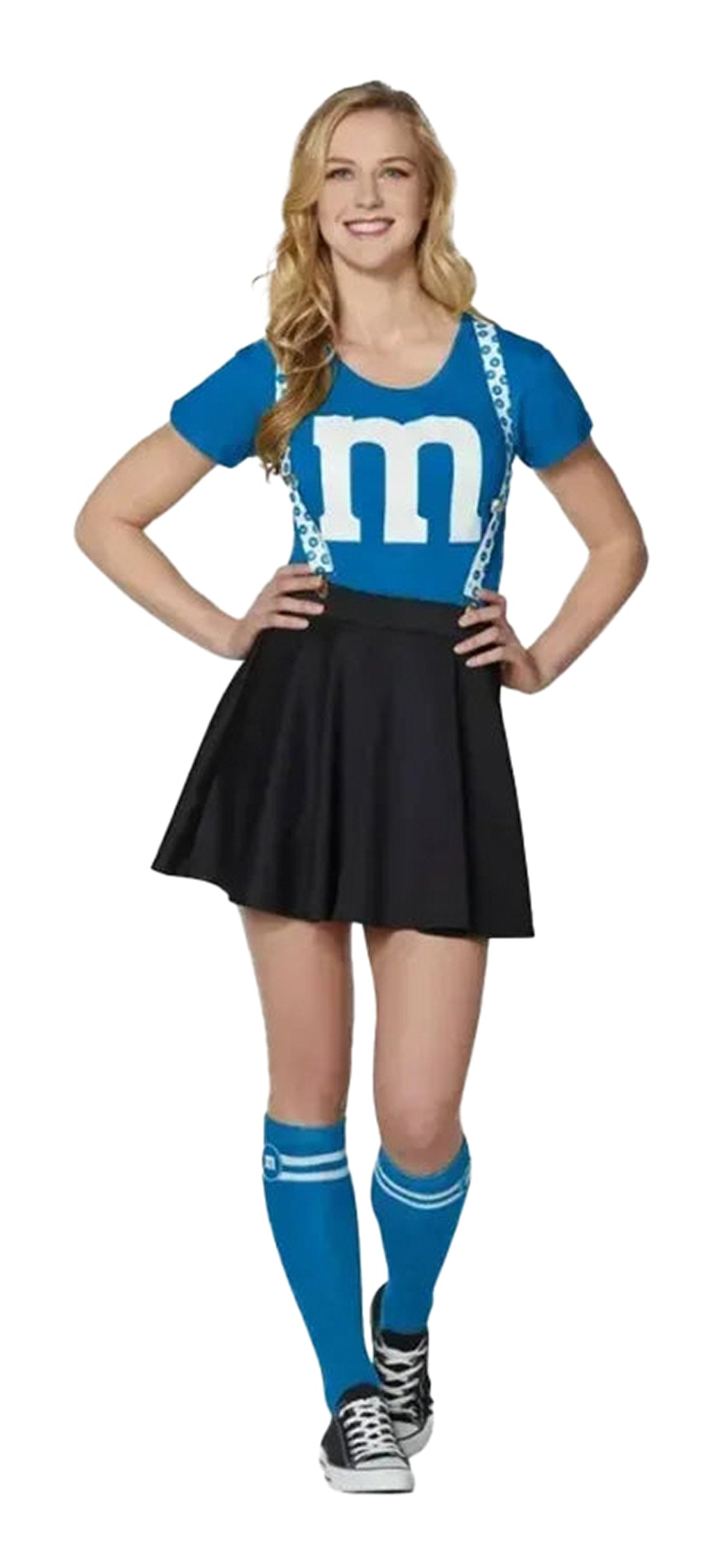 Women's M&M costume dress featuring a blue top and black skirt with matching socks and suspenders