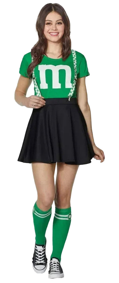 Women's M&M costume dress featuring a green top with logo, black skirt, and green knee socks