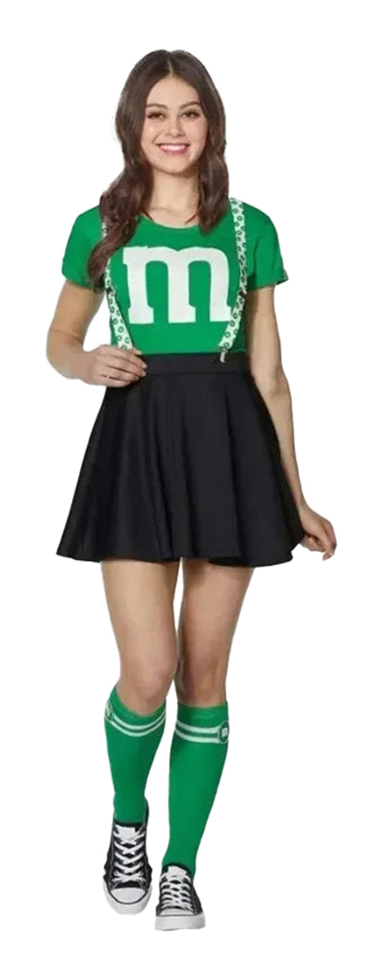Women's M&M costume dress featuring a green top with white M logo and a black skirt