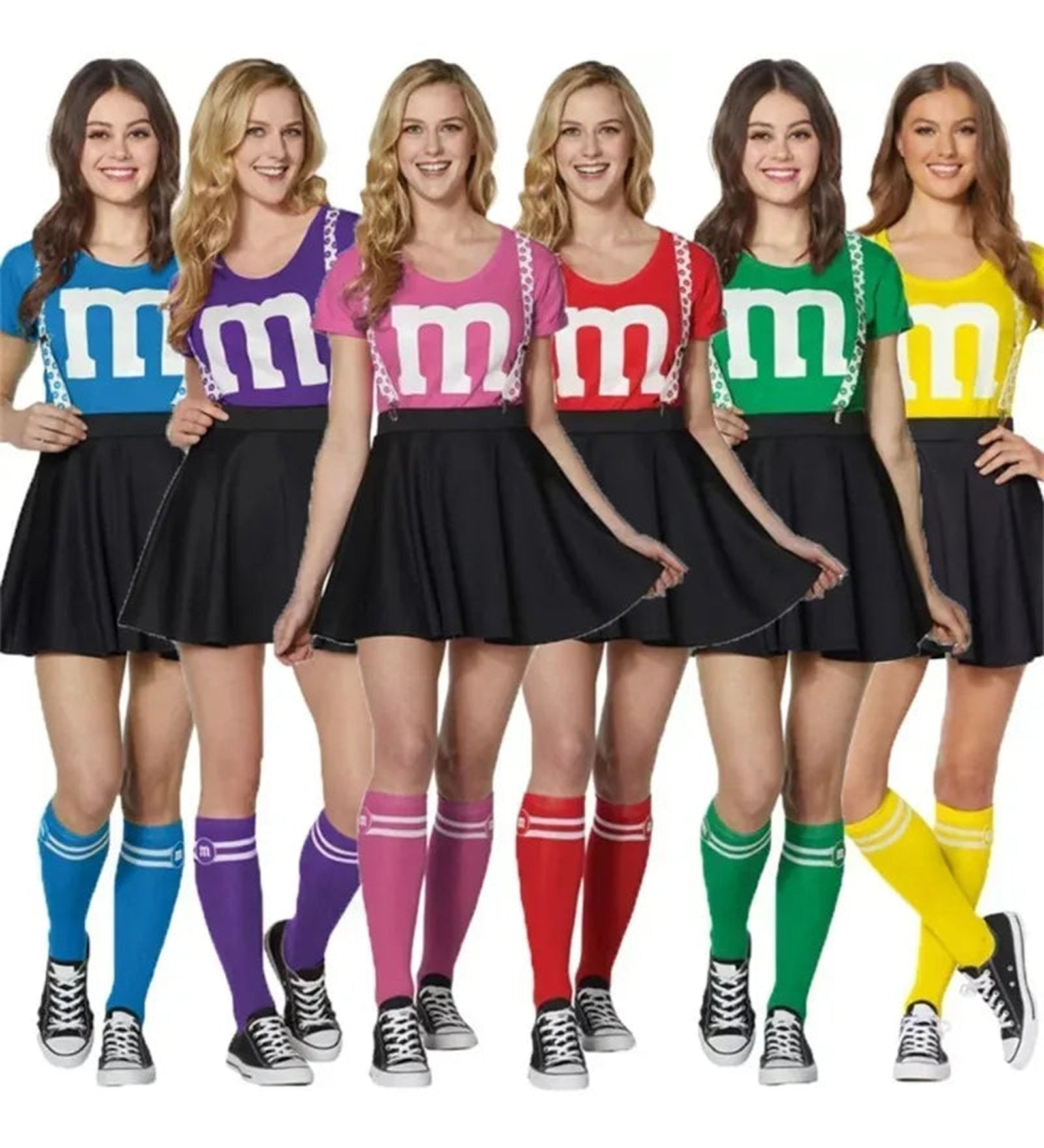 Colorful women's M&M costume dress with skirts and themed accessories from LuckeLadybug LLC
