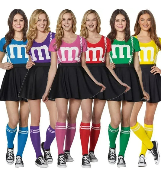 Colorful women's M&M costume dress with skirts and themed accessories from LuckeLadybug LLC