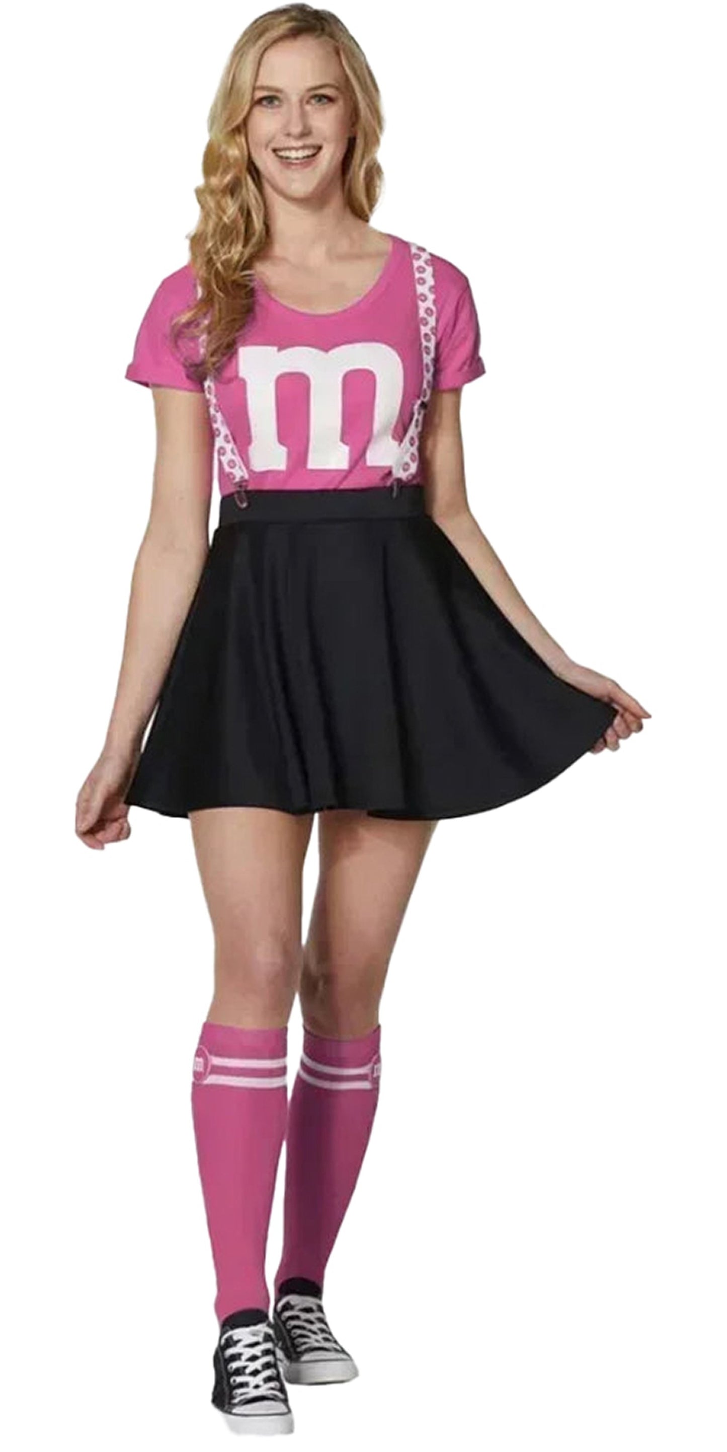 Stylish women's M&M costume dress featuring a pink top and black skirt with matching socks