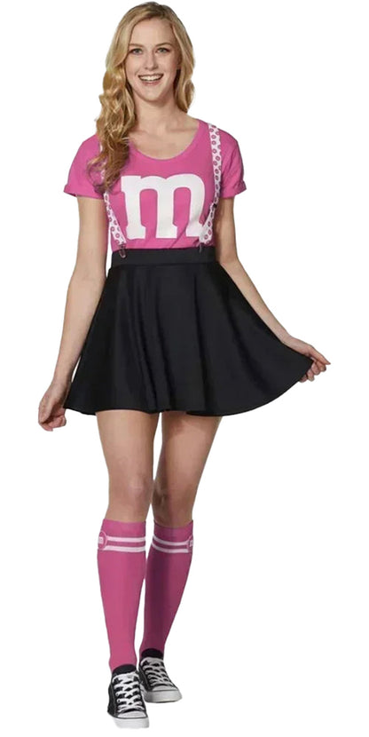 Stylish women's M&M costume dress featuring a pink top and black skirt with matching socks
