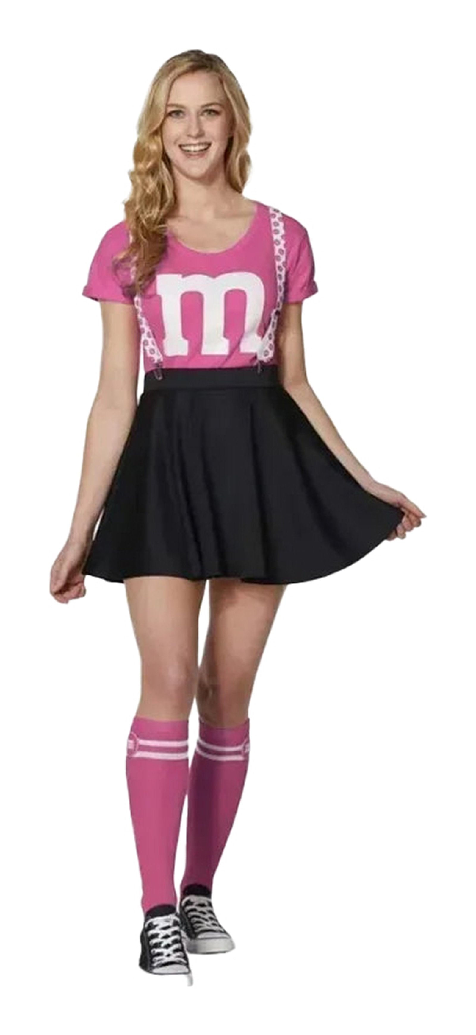 Pink women's M&M costume dress featuring a playful skirt and matching knee-high socks