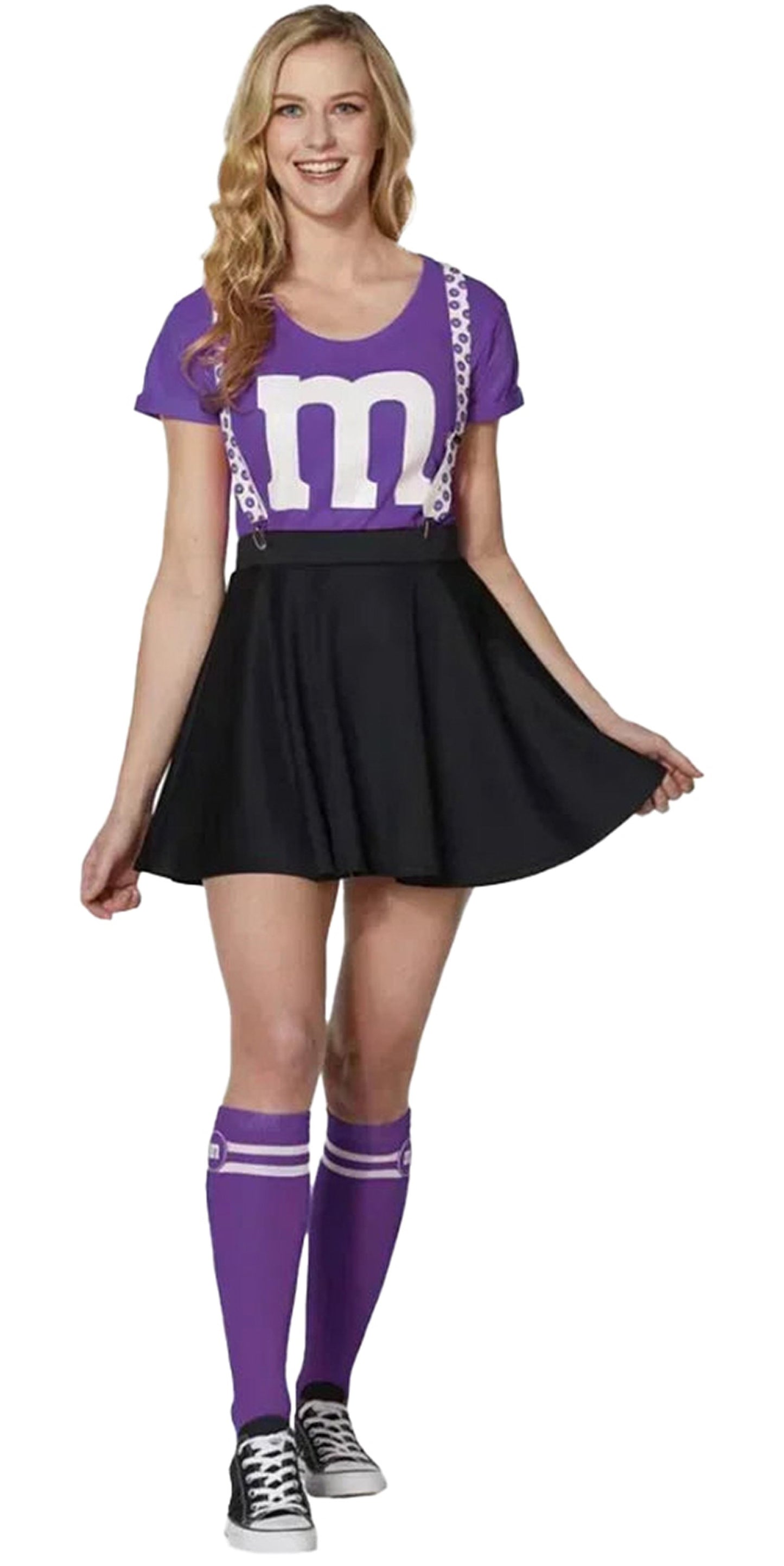 Fun women's M&M costume dress with purple top, black skirt, and matching knee-high socks