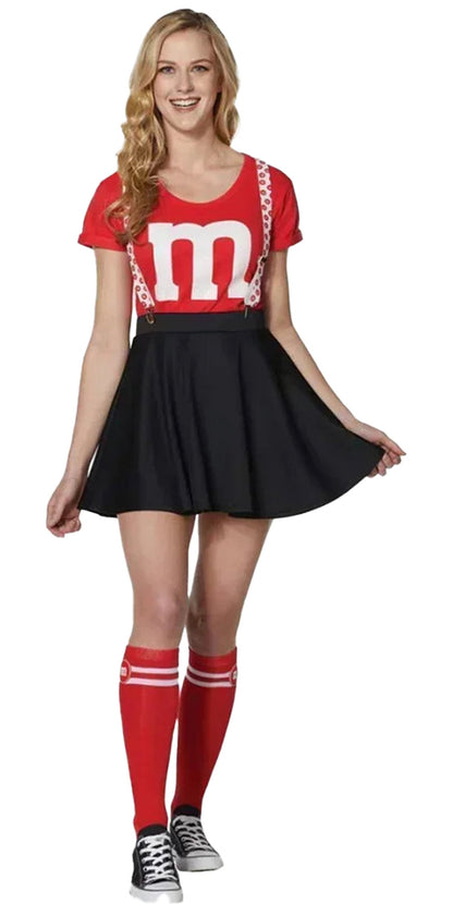 Women's M&M costume dress with red top, black skirt, and red knee-high socks for fun parties