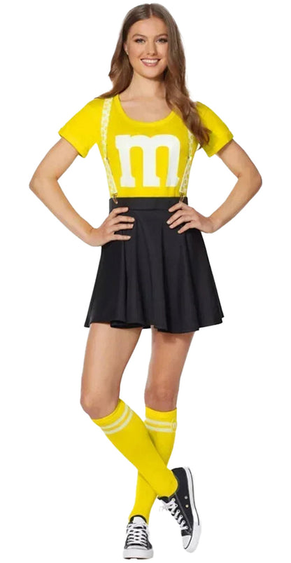 Women's M&M costume dress featuring a yellow top with logo and a black skirt, perfect for themed parties