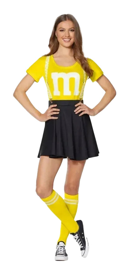 Fun women's M&M costume dress in yellow with a skirt and knee-high socks for playful dress-up
