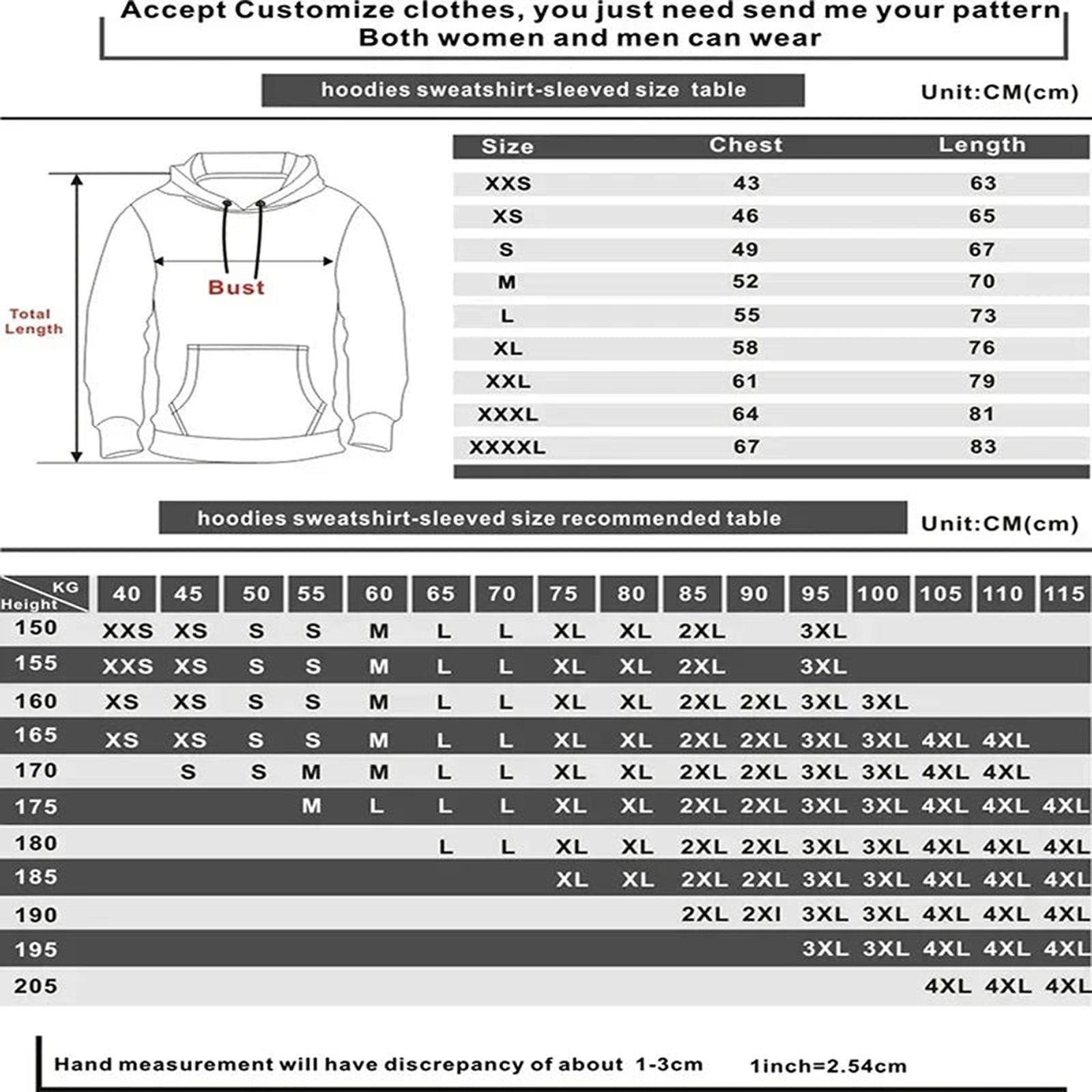 Women's mushroom print hoodie size chart with detailed measurement specifications for accurate fitting