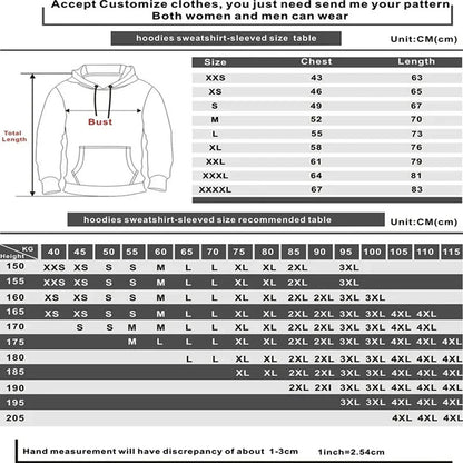 Women's mushroom print hoodie size chart with detailed measurement specifications for accurate fitting