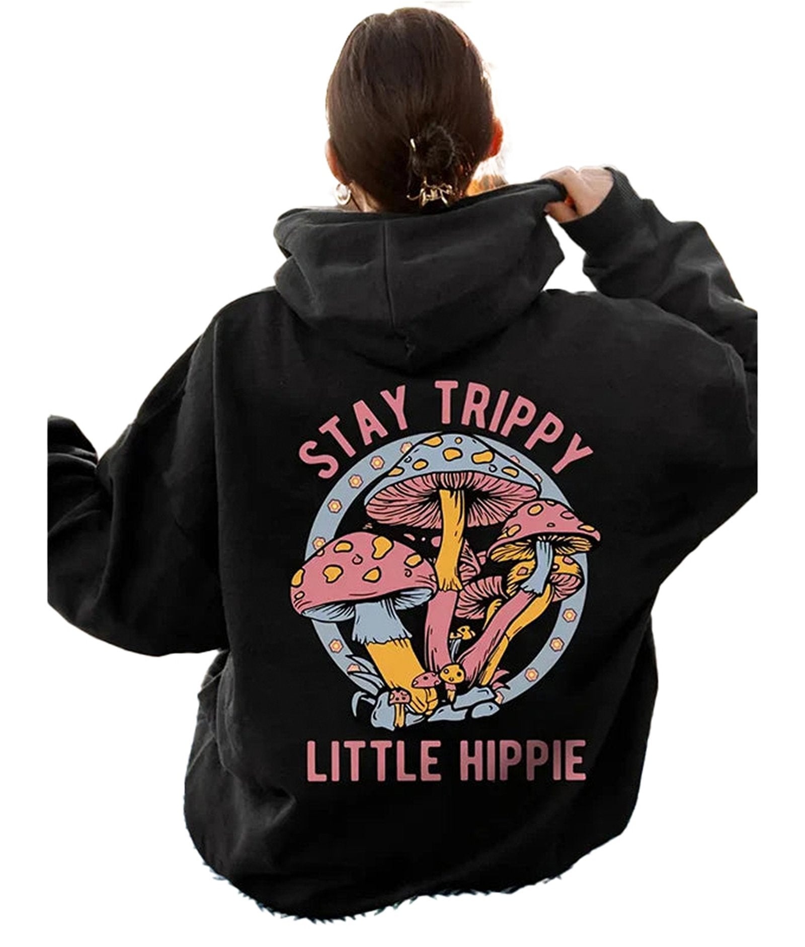 Black women's mushroom print hoodie featuring colorful mushroom graphic and 'Stay Trippy Little Hippie' text