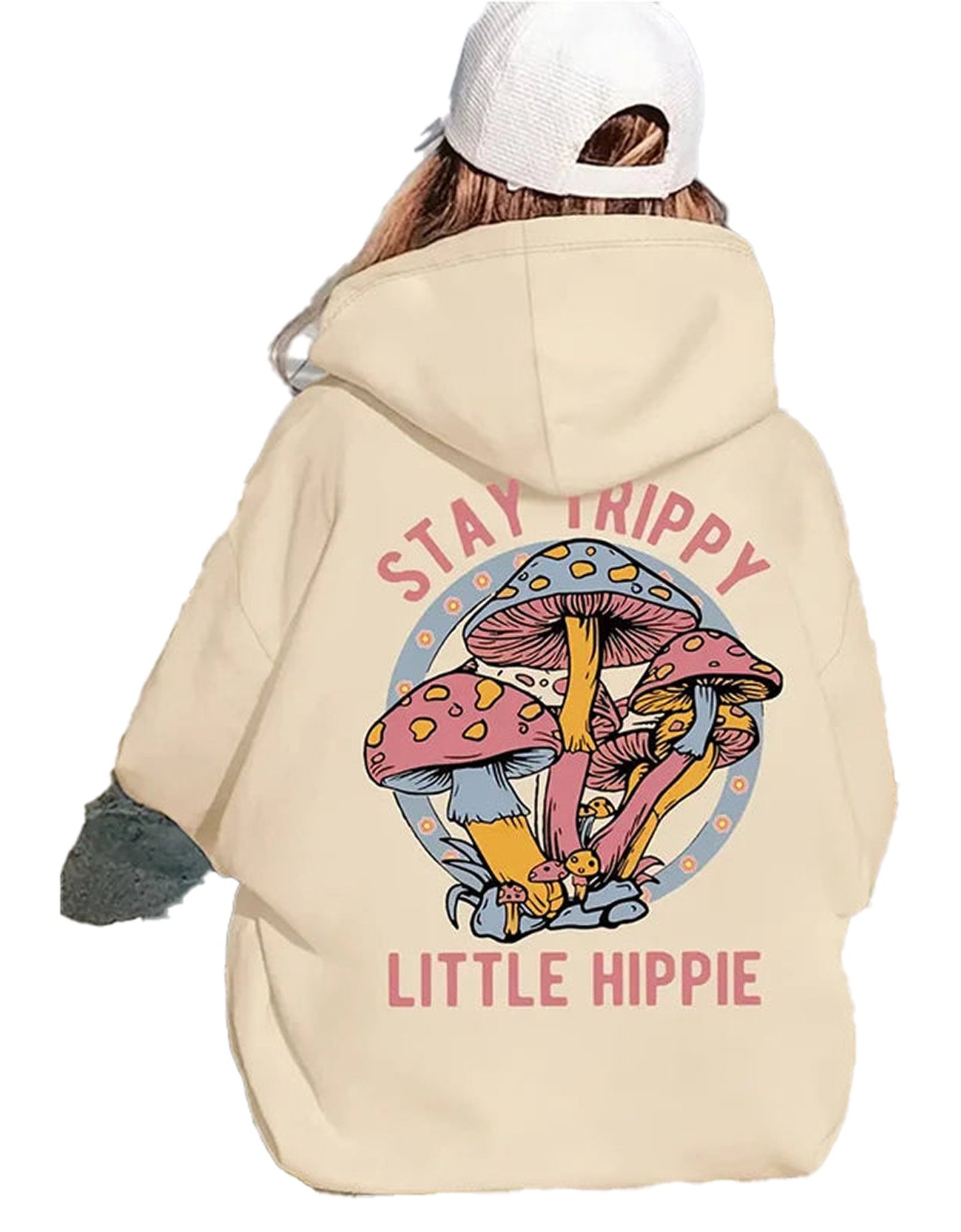 Women's mushroom print hoodie in beige featuring colorful mushroom graphics and 'Stay Trippy' text