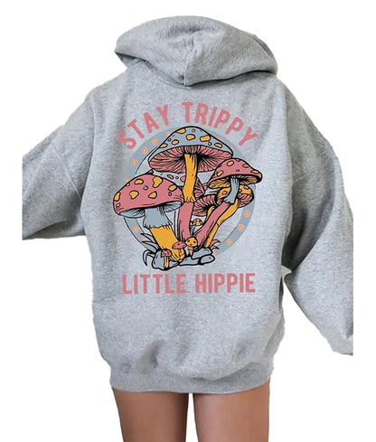 Women's mushroom print hoodie in gray featuring colorful trippy mushroom graphics on the back