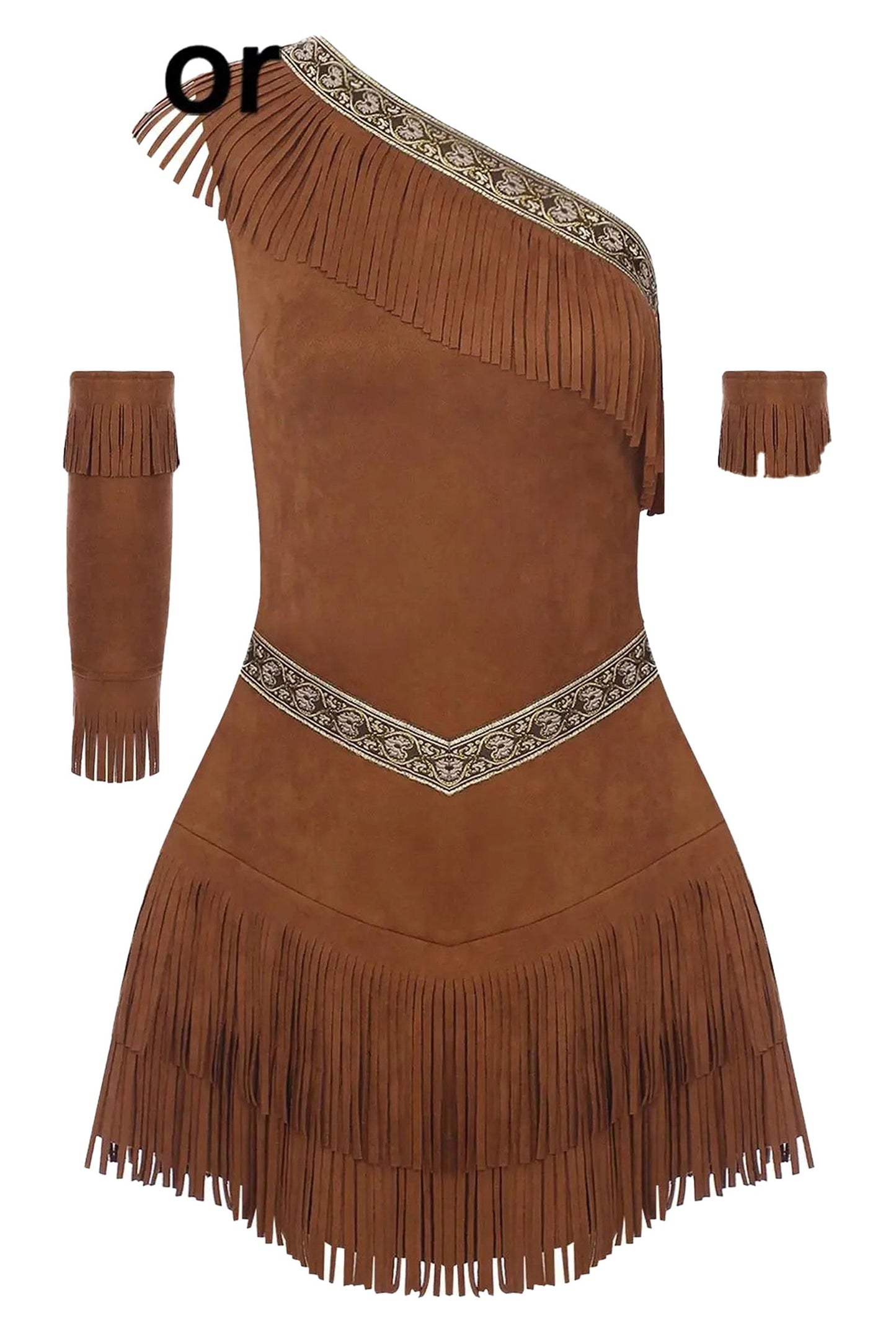 Women's Native American costume featuring a one-shoulder design with fringe detailing and decorative trim