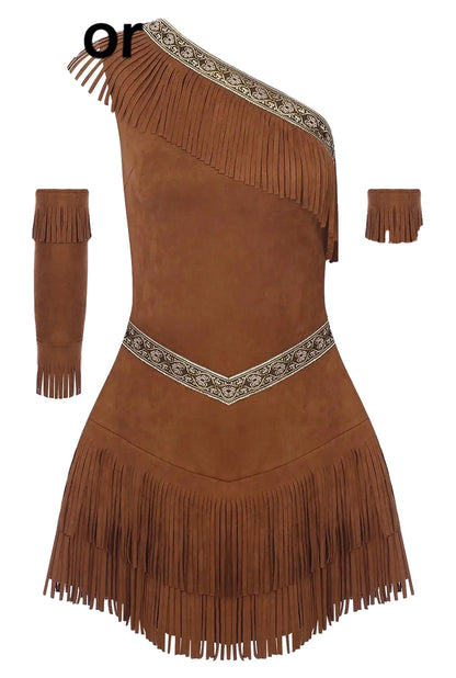 Women's Native American costume featuring a one-shoulder design with fringe detailing and decorative trim