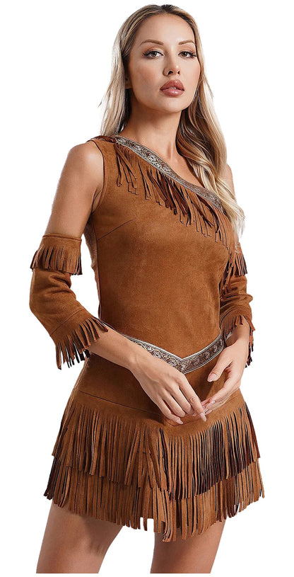 Stylish women's Native American costume with fringed design for festive occasions