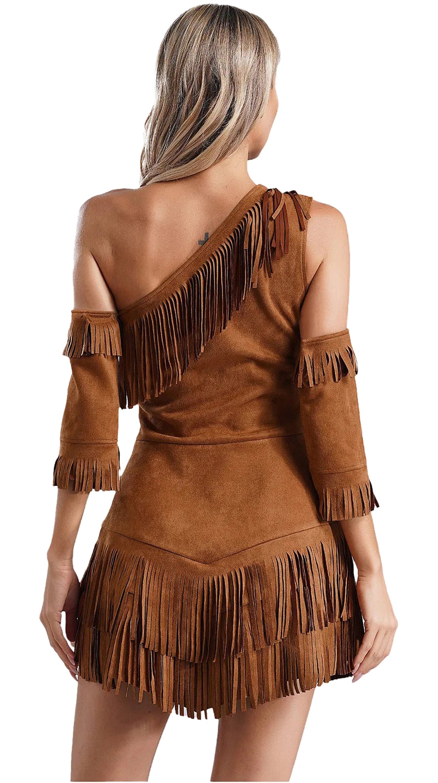 Women's Native American costume with fringe detailing and off-shoulder design in brown