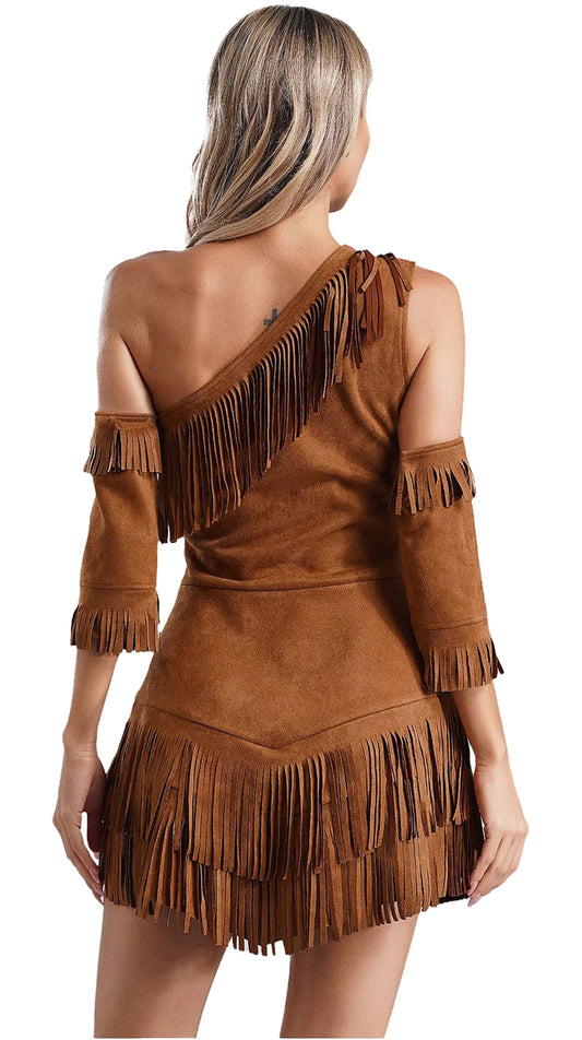 Women's Native American costume with fringe detailing and off-shoulder design in brown