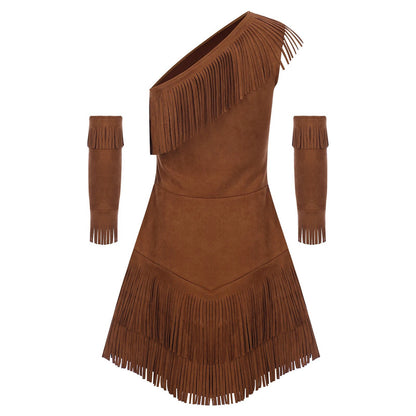 Stylish women's Native American costume with fringe detail and matching arm warmers