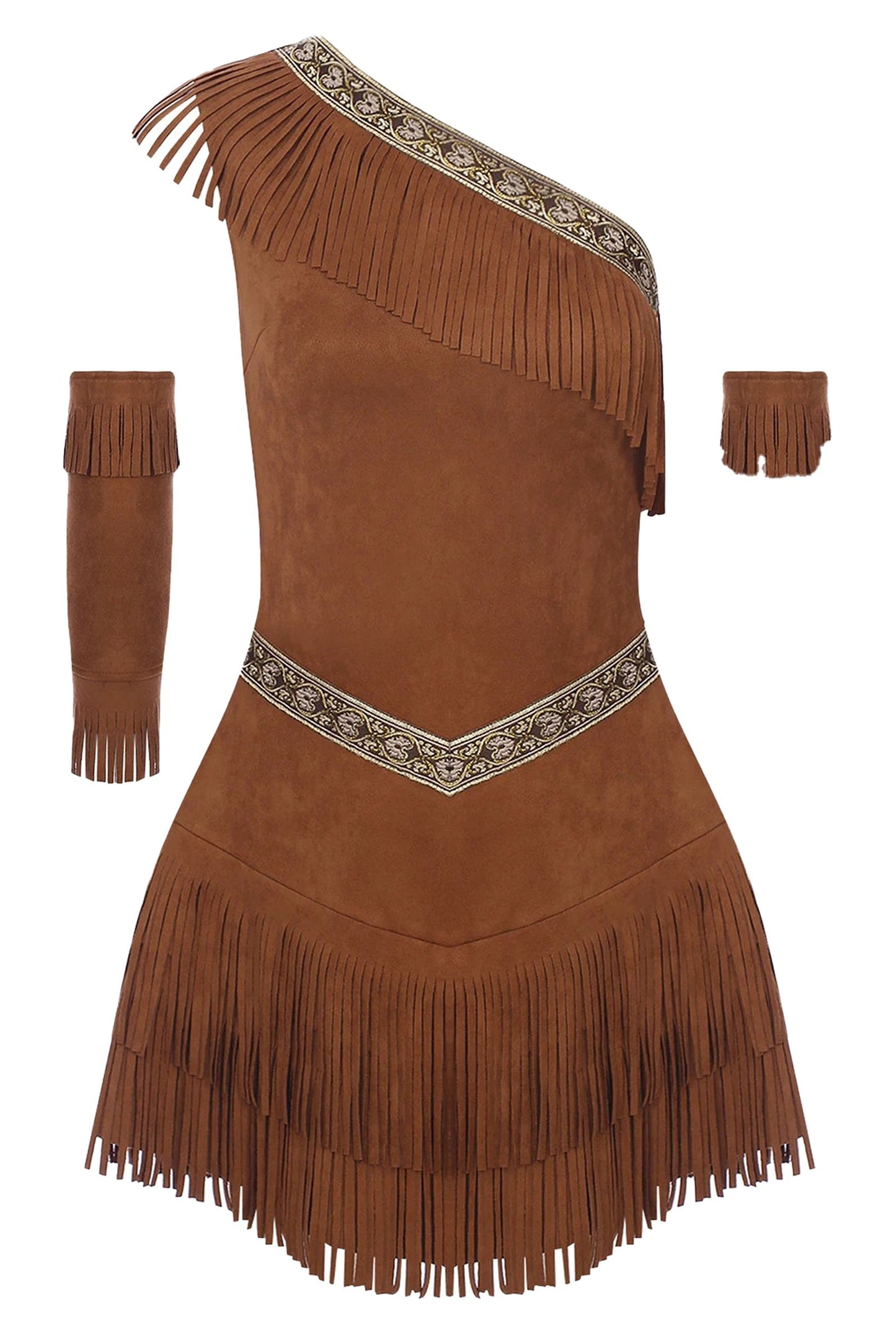 Women's Native American costume featuring a one-shoulder design with fringe details and decorative strap