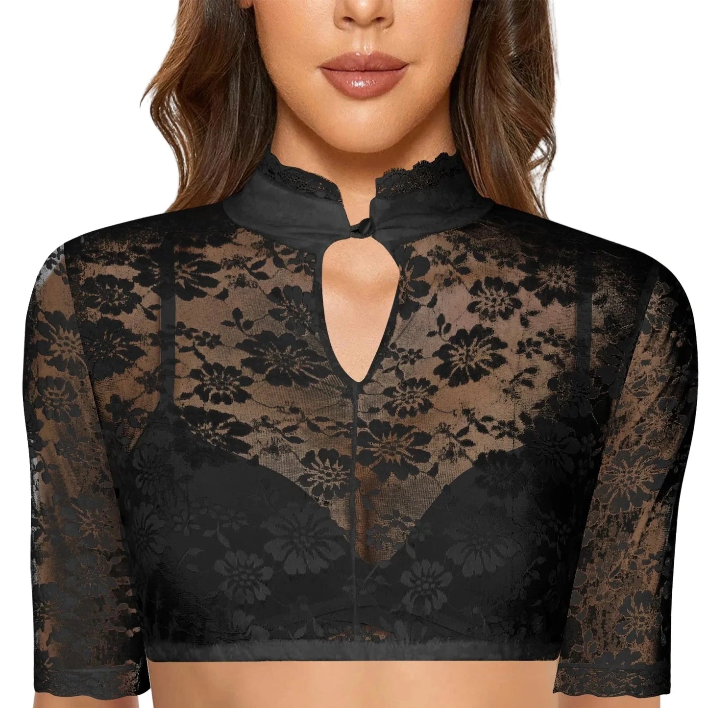 Black lace crop top with floral design, perfect as a women's Oktoberfest dirndl blouse accessory