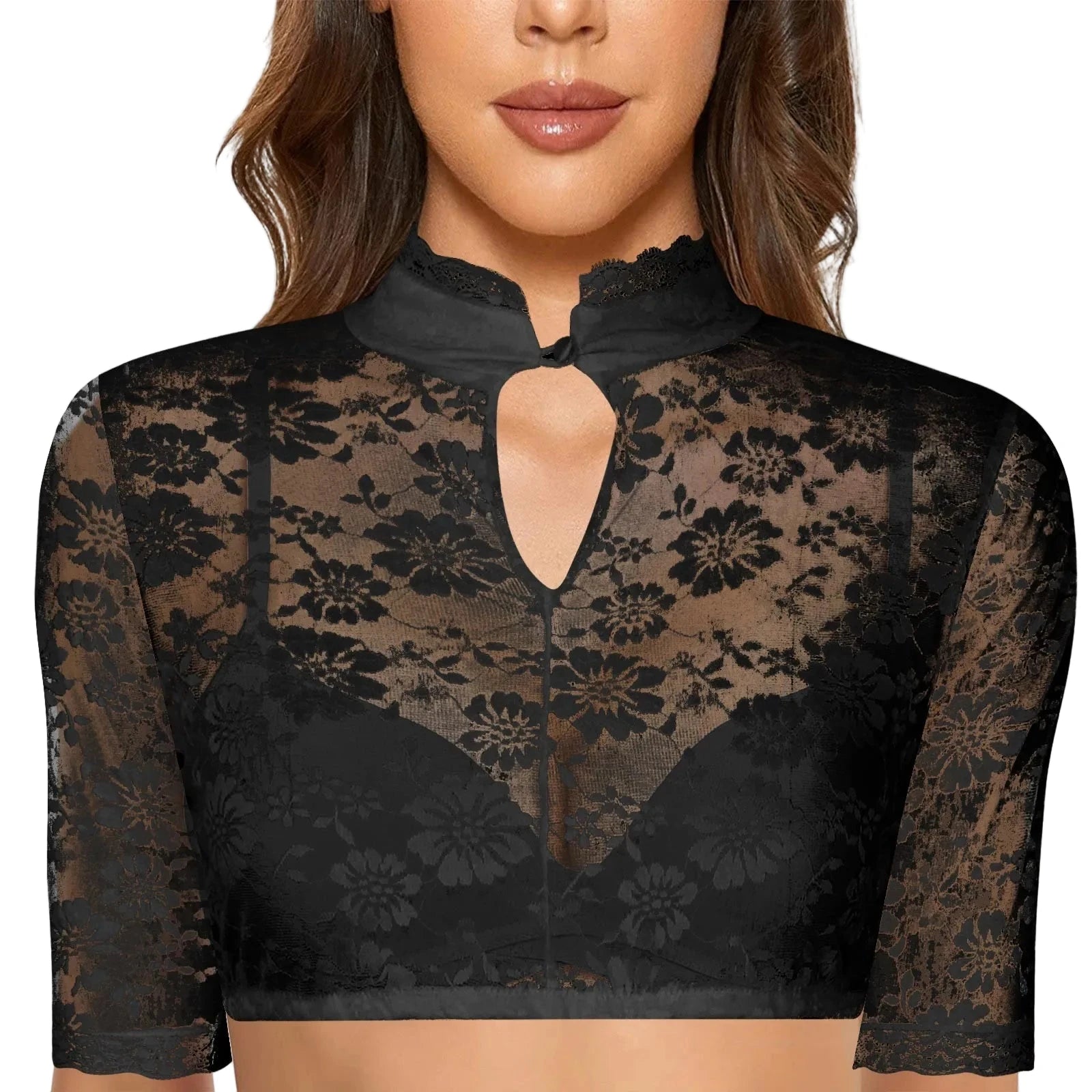 Black lace crop top with floral design, perfect as a women's Oktoberfest dirndl blouse accessory