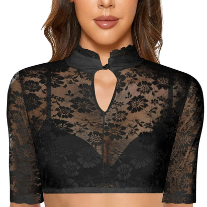 Black lace crop top with floral design, perfect as a women's Oktoberfest dirndl blouse accessory