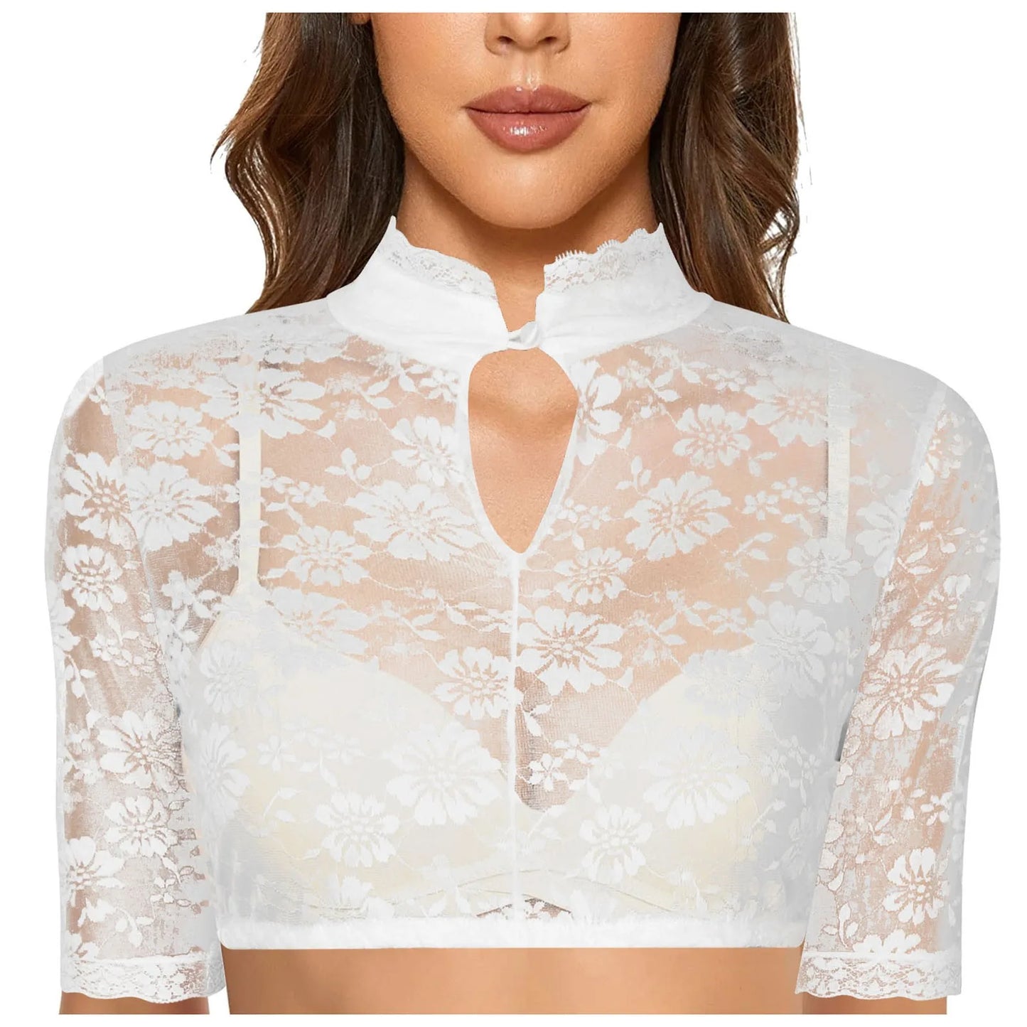 Women's Oktoberfest dirndl blouse in white lace with a front keyhole and short sleeves