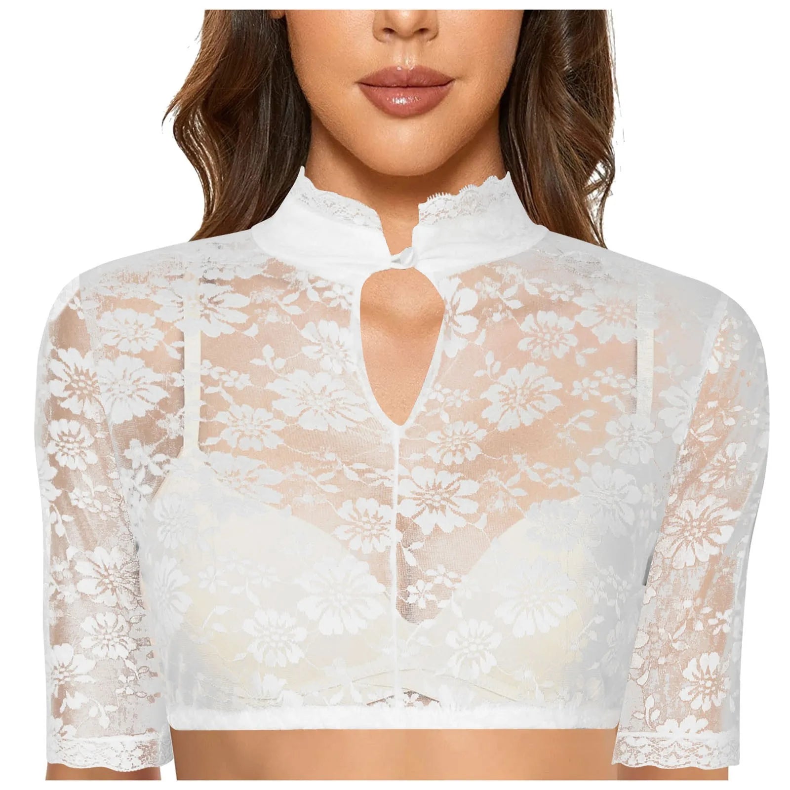 Women's Oktoberfest dirndl blouse in white lace with a front keyhole and short sleeves