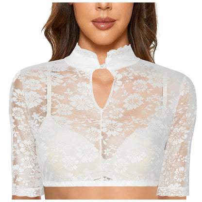 Women's Oktoberfest dirndl blouse in white lace with a front keyhole and short sleeves