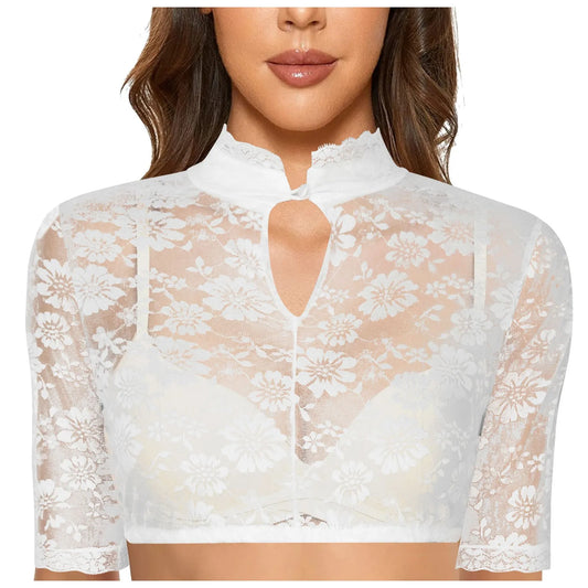Women's Oktoberfest dirndl blouse in white lace with a front keyhole and short sleeves