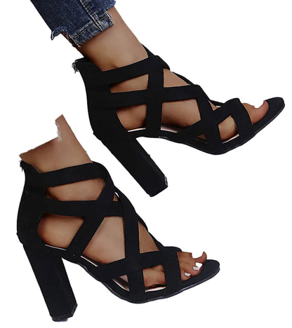 LuckeLadybug LLC women's open toe block heel sandals in black with stylish crisscross design