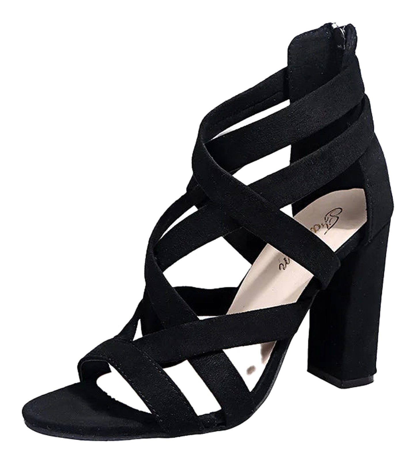 LuckeLadybug women's open toe block heel sandals in black with stylish crisscross design
