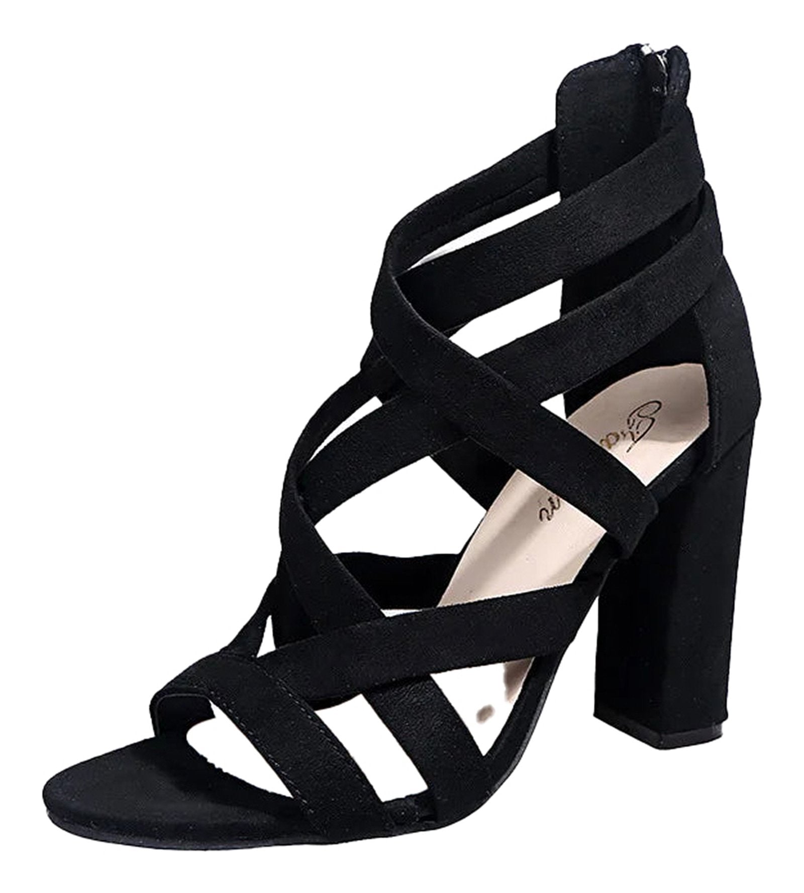 LuckeLadybug women's open toe block heel sandals in black with stylish crisscross design