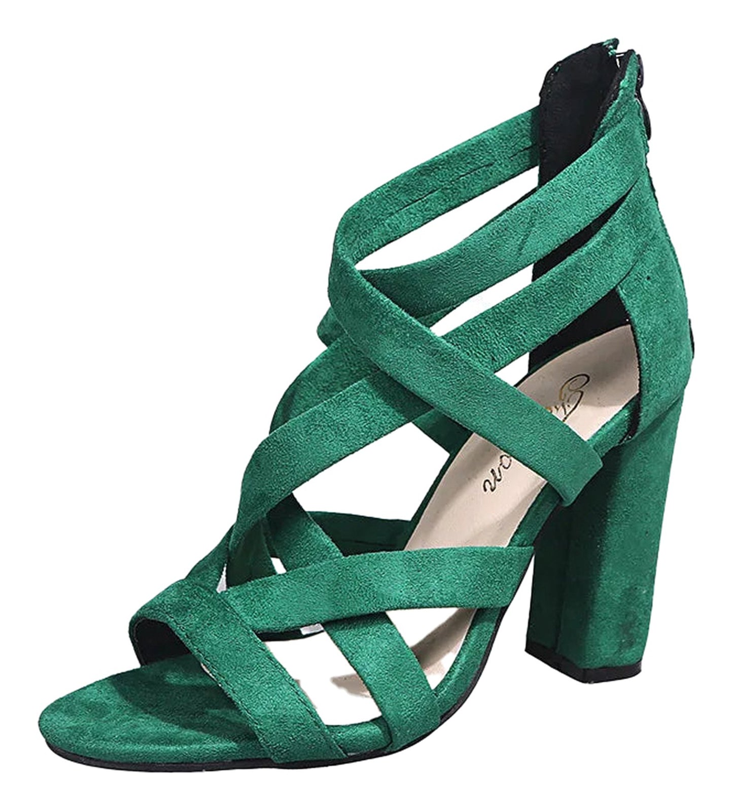 LuckeLadybug women's open toe block heel sandals in green with stylish crisscross straps