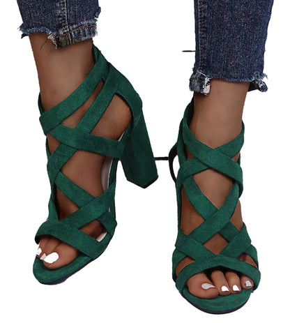 Green women's open toe block heel sandals with stylish crisscross straps for a trendy look